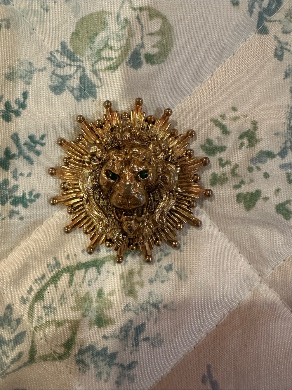 Gold Lion Head Brooch with Emerald Accent Eyes